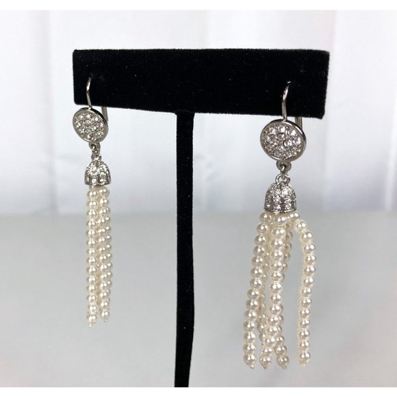 Faux Pearl Drop Dangle Pave Stones Pierced Earrings Lever Back Closure - Picture 4 of 7